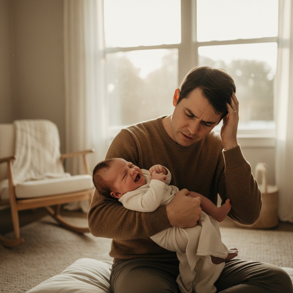 Parent comforting a fussy infant in a sunlit Knoxville home before a pediatric chiropractic visit
